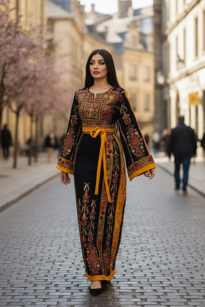 Midnight Velvet Malacca Embroidered Palestinian Fellahi Thobe