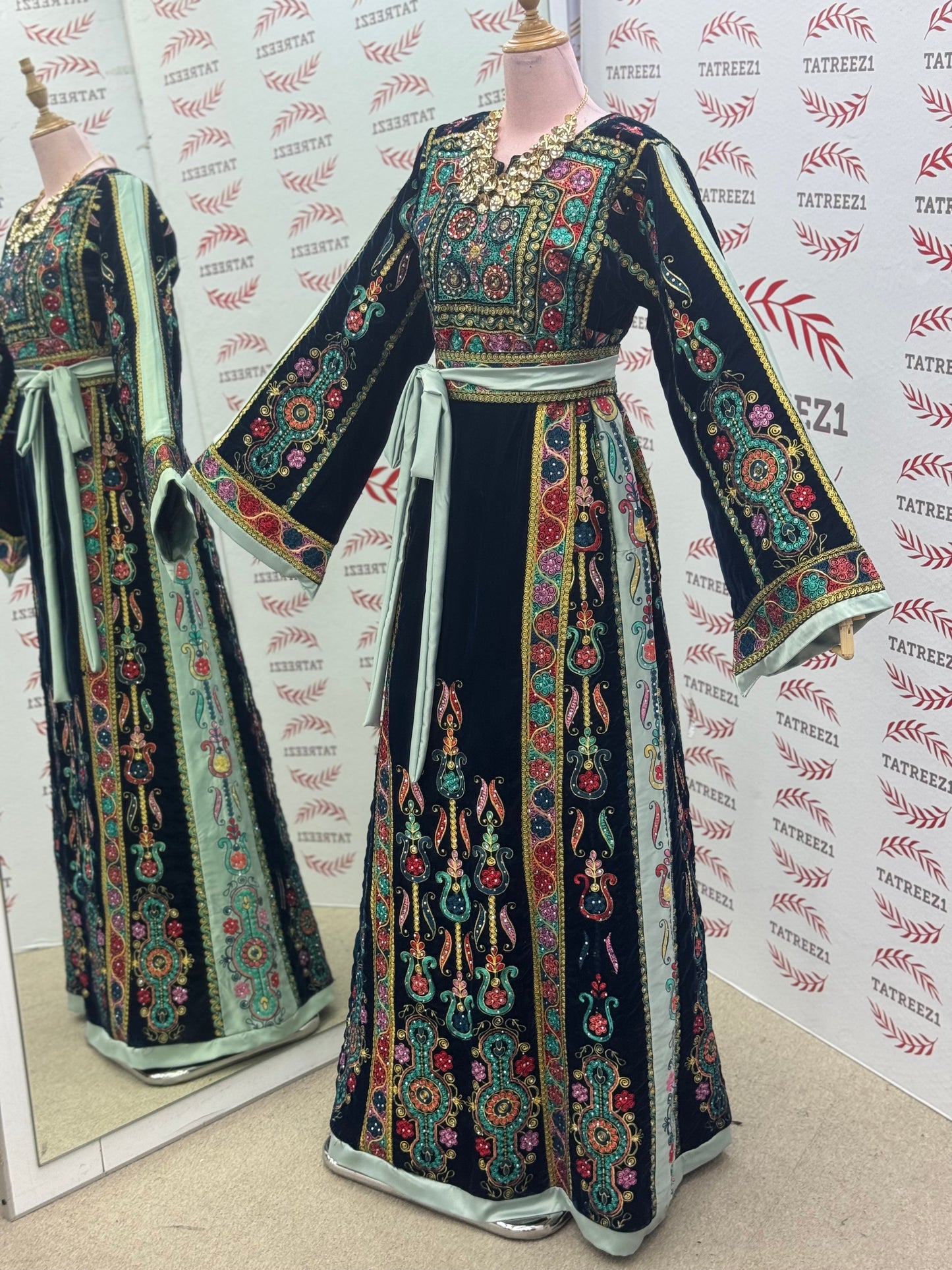 Turquoise Velvet Malacca Embroidered Palestinian Fellahi Thobe