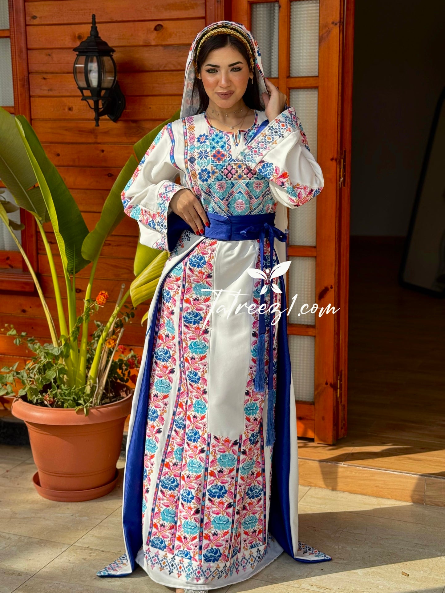 White Stunning Thoub with Floral Blue/Pink Embroidery and Overskirt.