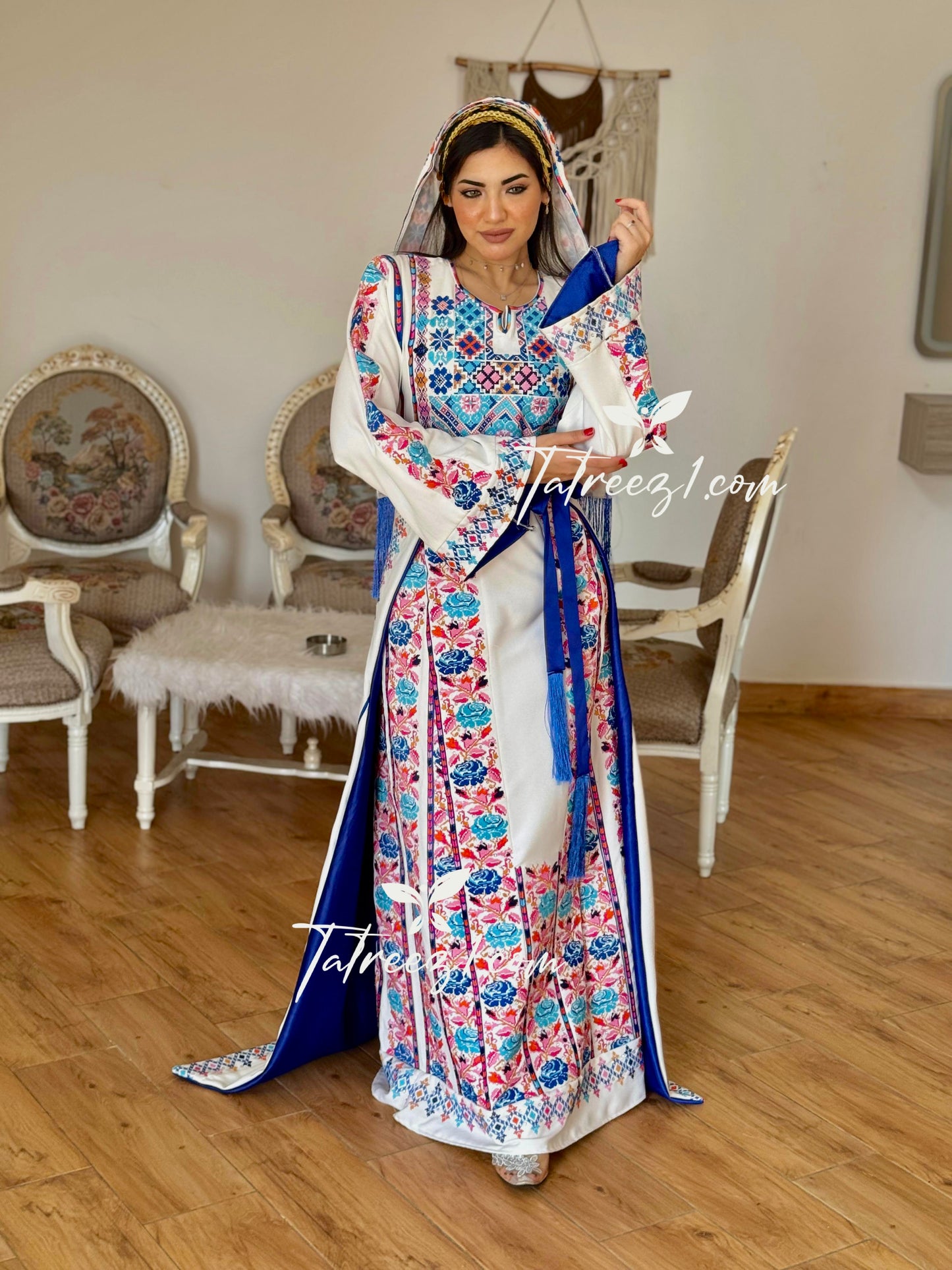 White Stunning Thoub with Floral Blue/Pink Embroidery and Overskirt.