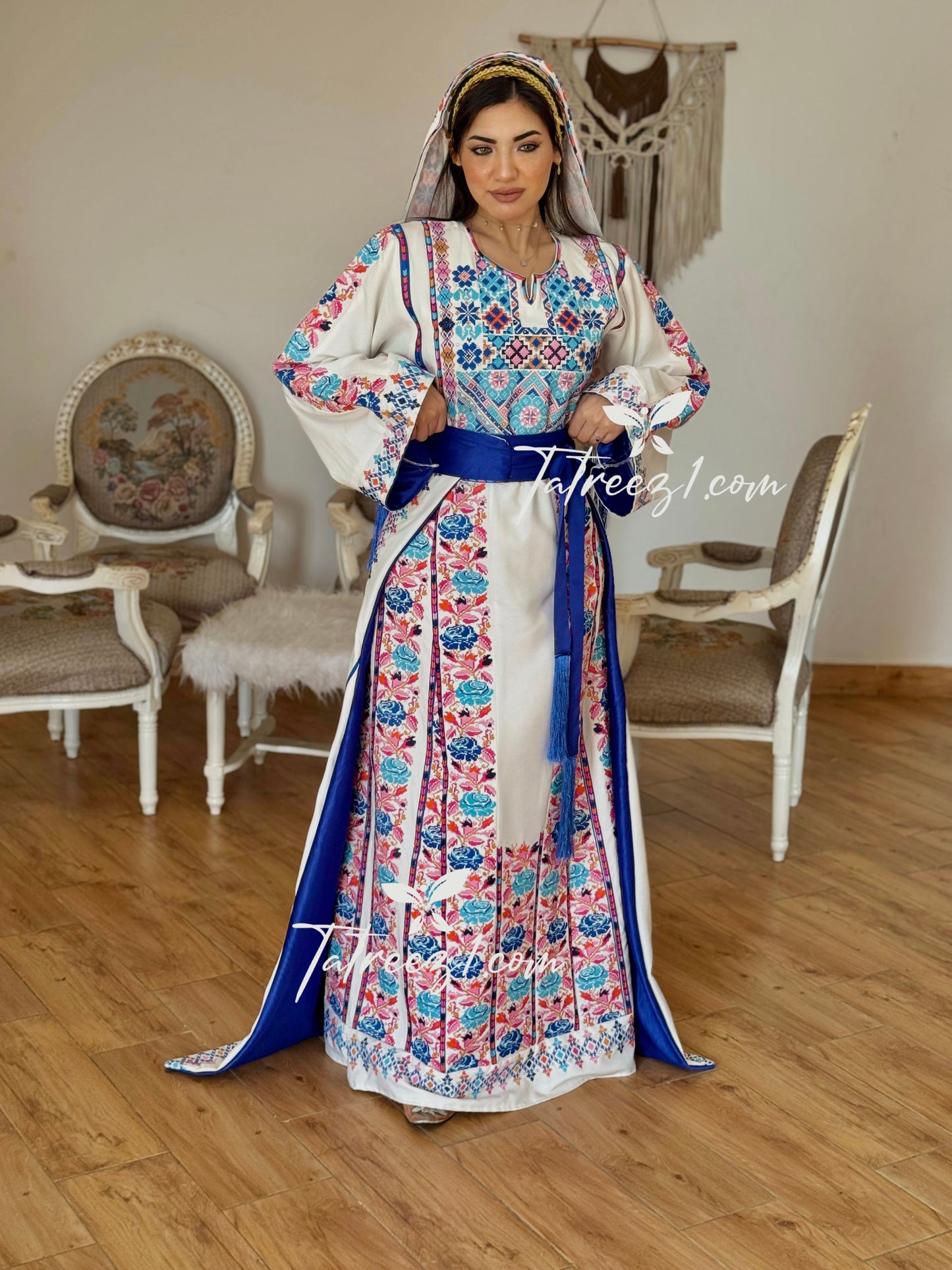 White Stunning Thoub with Floral Blue/Pink Embroidery and Overskirt.