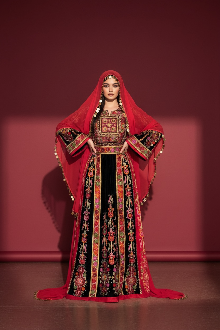 Black Velvet Malacca  Red Embroidered Palestinian Fellahi Thobe