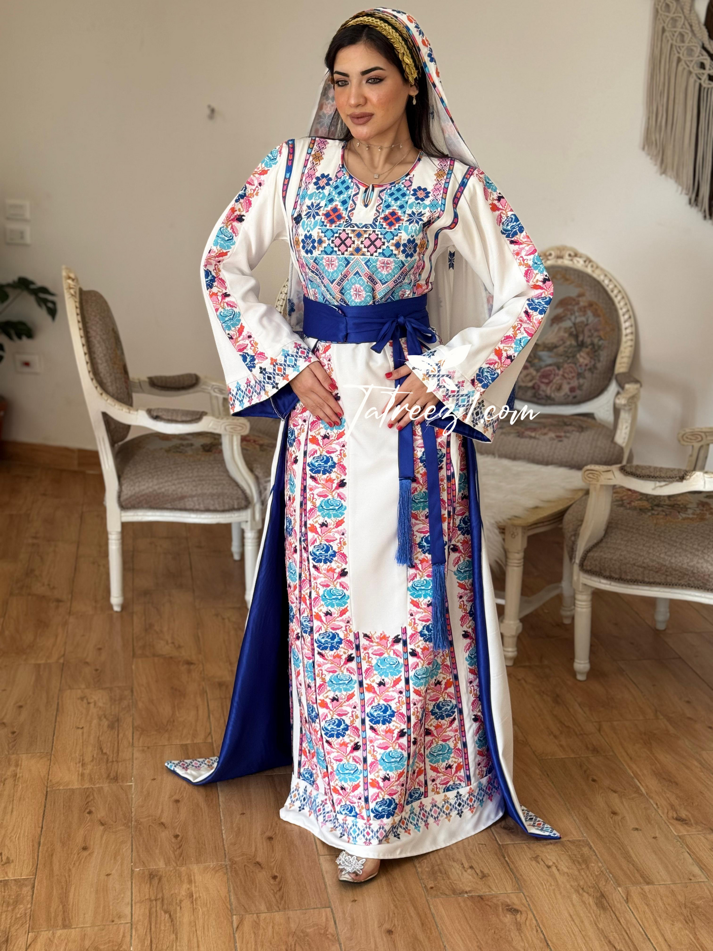 White Stunning Thoub with Floral Blue/Pink Embroidery and Overskirt.