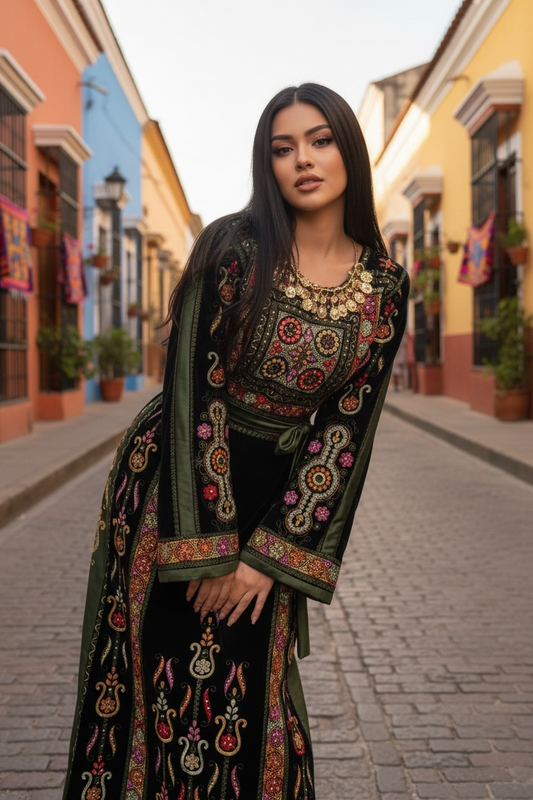 Midnight Velvet Malacca Embroidered Palestinian Fellahi Thobe