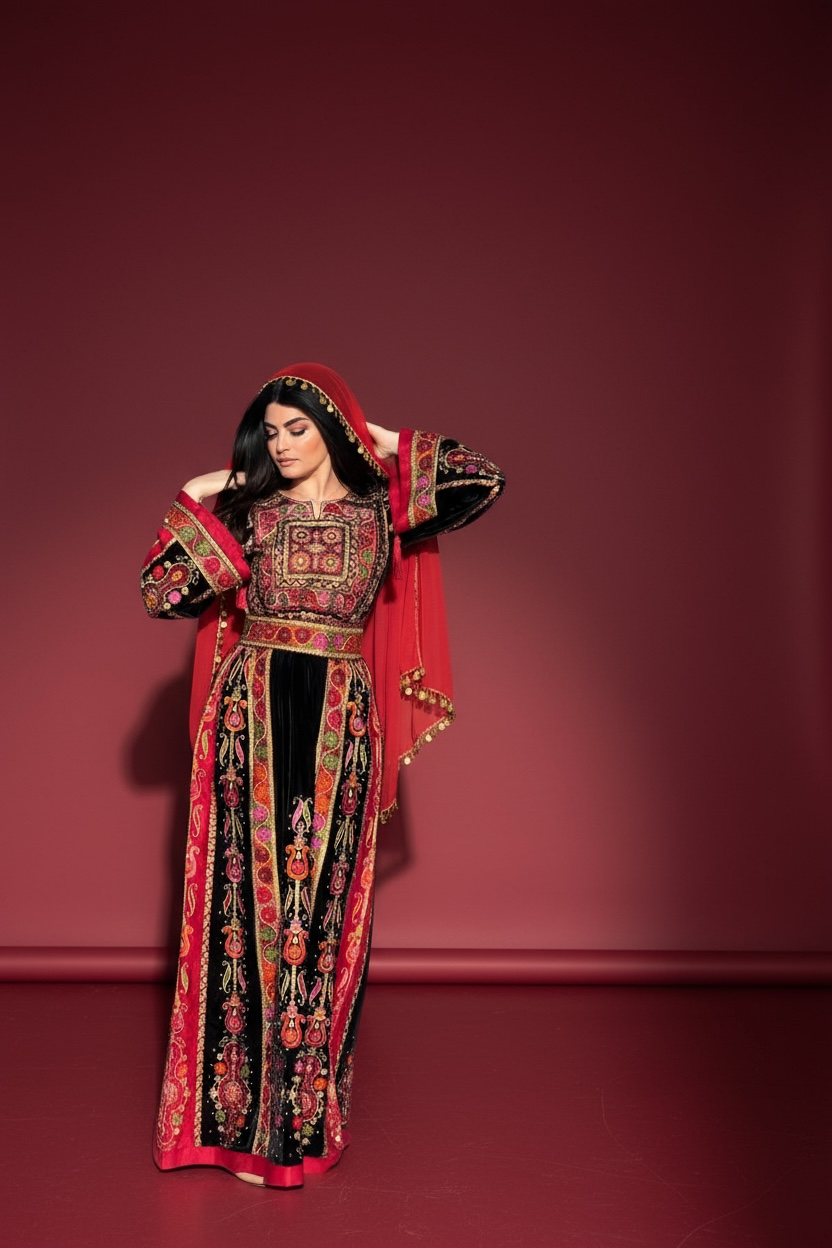 Black Velvet Malacca  Red Embroidered Palestinian Fellahi Thobe