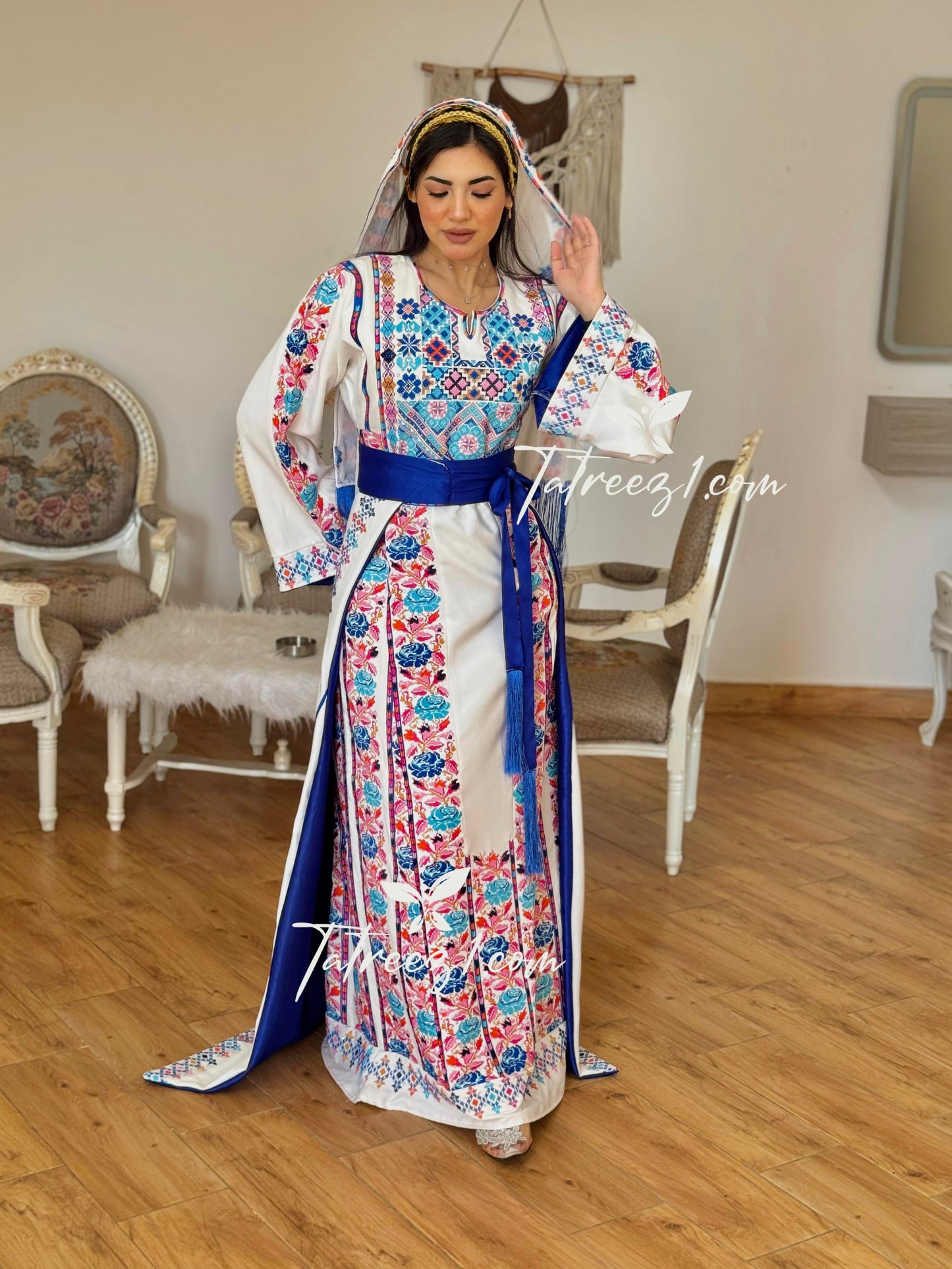 White Stunning Thoub with Floral Blue/Pink Embroidery and Overskirt.