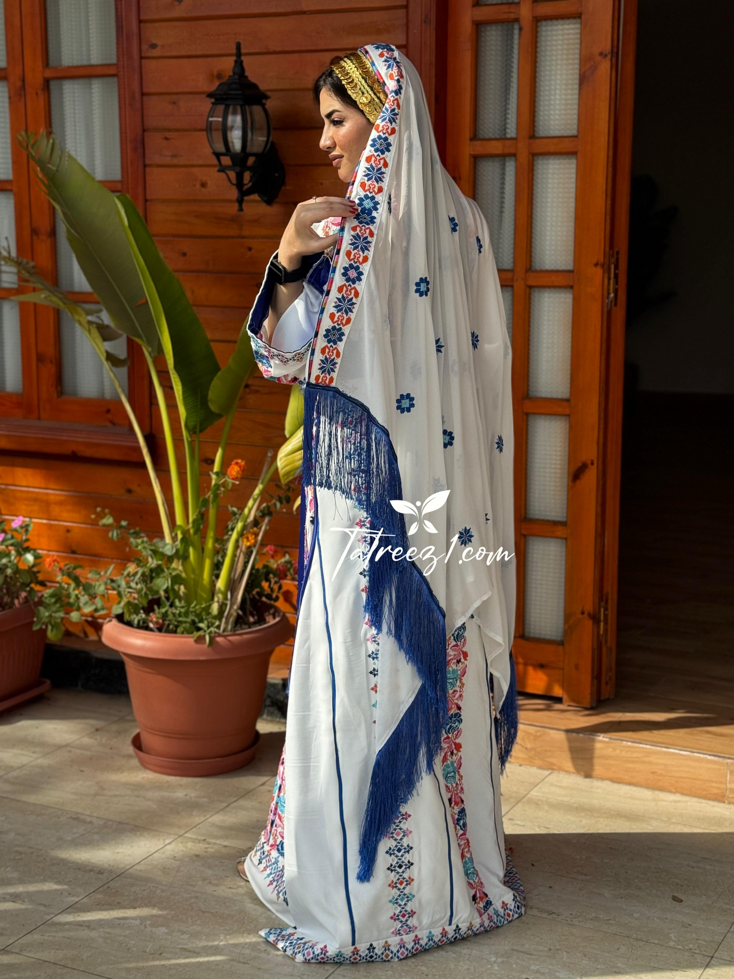 White Stunning Thoub with Floral Blue/Pink Embroidery and Overskirt.