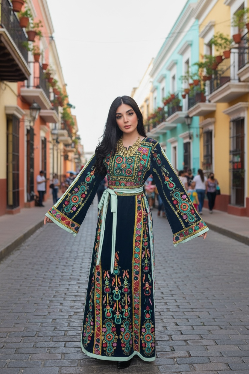 Turquoise Velvet Malacca Embroidered Palestinian Fellahi Thobe