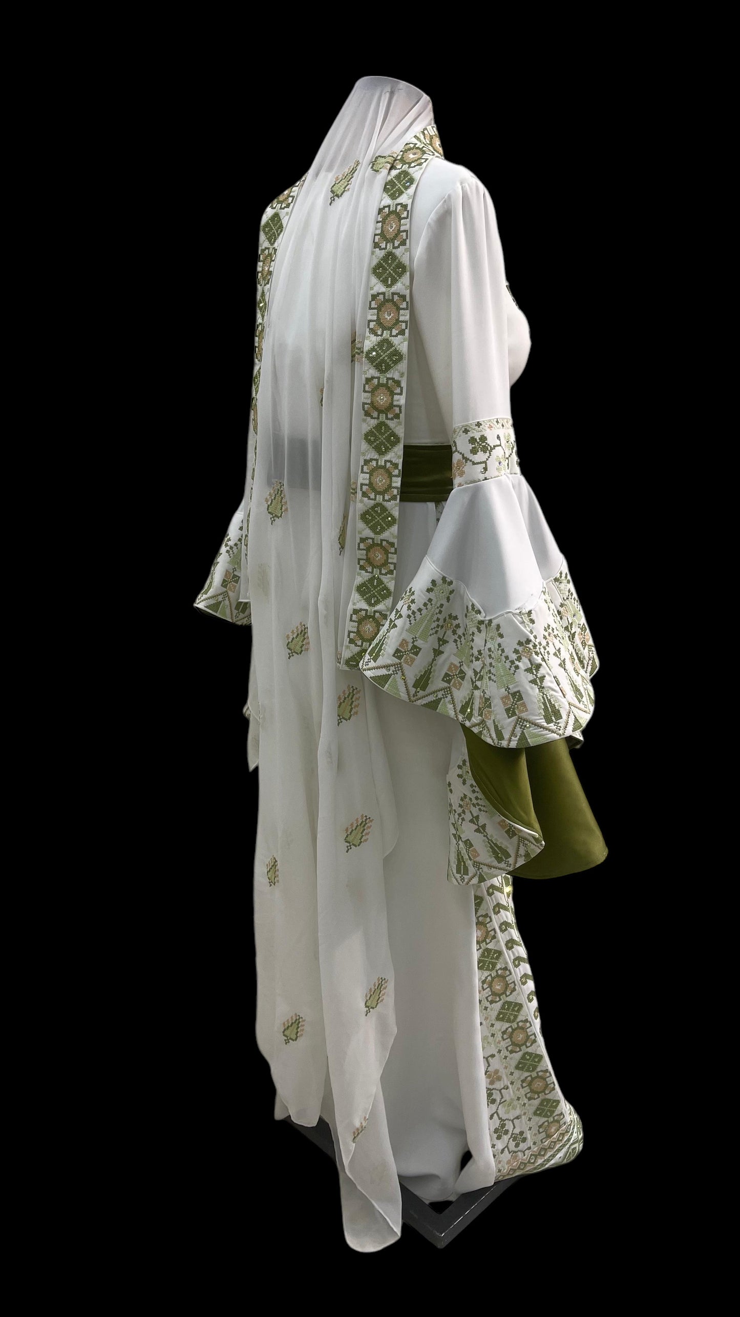 Preorder Green Wedding Embroidery Dress, comes with an overskirt and matching headpiece.