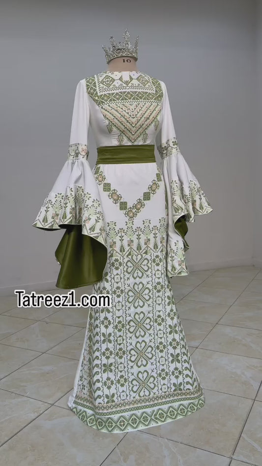 Preorder Green Wedding Embroidery Dress, comes with an overskirt and matching headpiece.